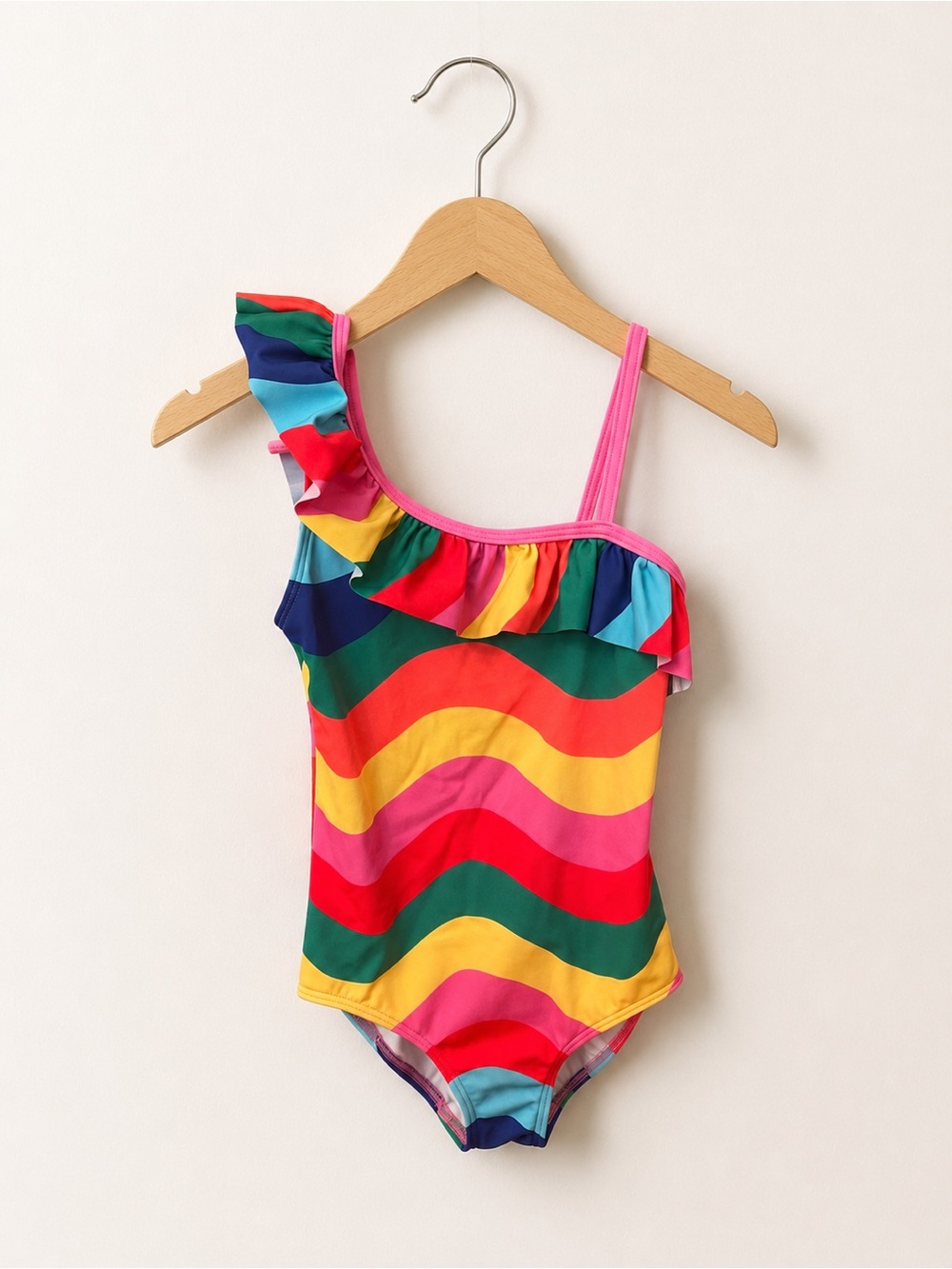 Mini Boden Rainbow Wave Ruffle Swimsuit 6–7Y